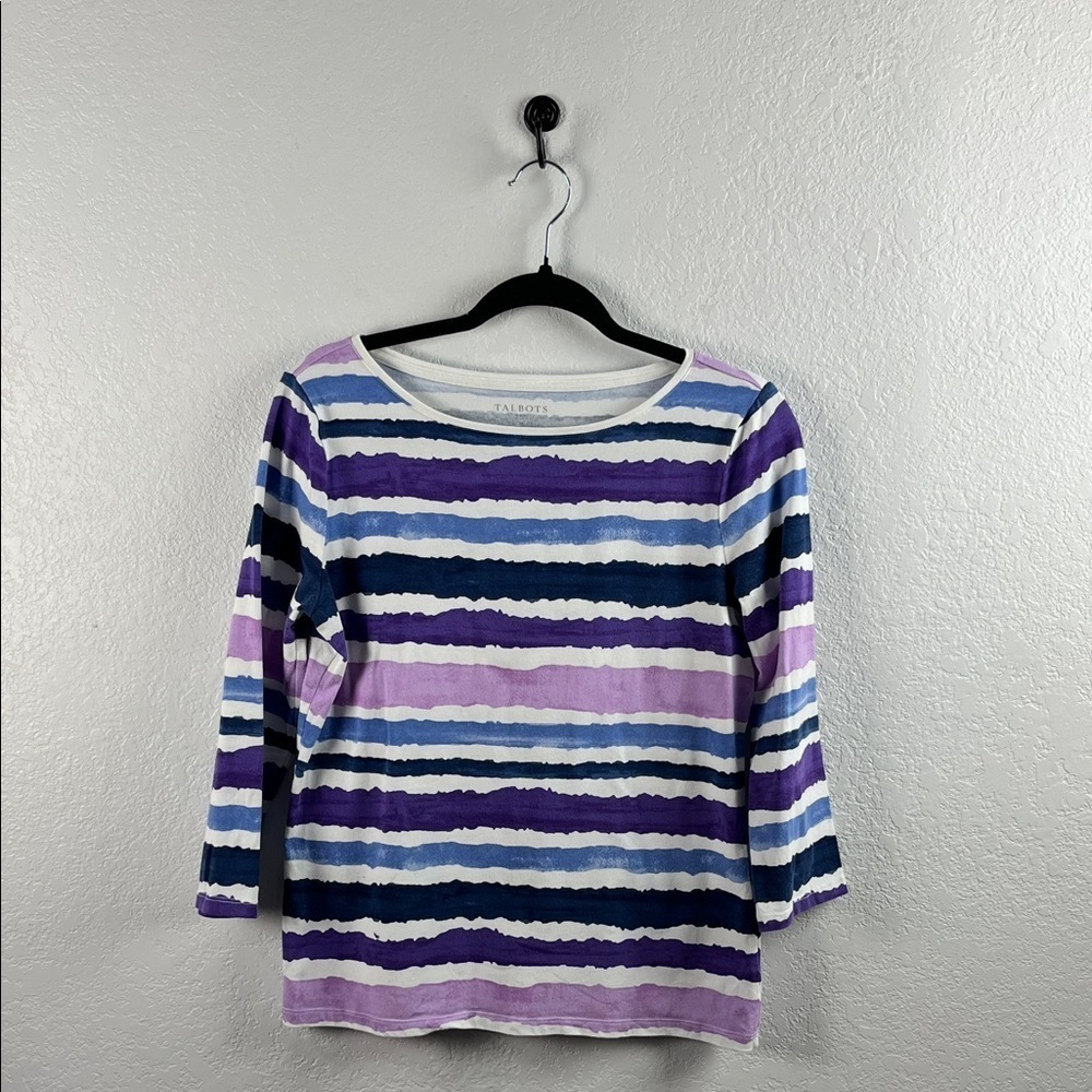 Talbots Women's Long Sleeve Striped Top - Purple, Blue, and White Sz M Casual